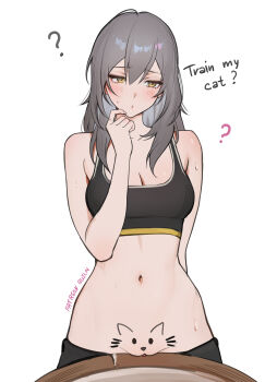 1girl ? absurdres against_table black_sports_bra bodypaint commentary do_you_want_to_pet_my_cat_(meme) drawn_ears drawn_on_eyes drawn_whiskers english_text grey_hair highres honkai:_star_rail honkai_(series) looking_at_viewer meme mons_pubis navel pussy pussy_peek quilm solo sports_bra stelle_(honkai:_star_rail) stomach sweat table toned toned_female trailblazer_(honkai:_star_rail)
