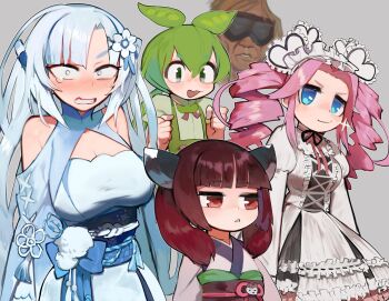 Rule 34 | 1boy, 4girls, :3, :d, bare shoulders, black sash, blue eyes, blunt bangs, breasts, brown hair, brown sash, center frills, cleavage, clenched hands, curtained hair, double-parted bangs, dress, drill hair, flat chest, flower, flower knot, frilled hairband, frills, green hair, grey background, hair between eyes, hair flower, hair ornament, hairband, hands up, highres, japanese clothes, jpeg artifacts, juliet sleeves, kimono, large breasts, lolita fashion, lolita hairband, long hair, long sleeves, low ponytail, manatsu no yo no inmu, medium breasts, medium hair, multiple girls, obi, obiage, obijime, open mouth, pea pod, pink hair, ponytail, puffy sleeves, raichiyo, red eyes, sash, shikoku metan, smile, suspenders, takuya (acceed), tassel, touhoku kiritan, twin drills, utau, v-shaped eyebrows, voiceroid, voicevox, white dress, white flower, white hair, white hairband, white kimono, whitecul, zundamon