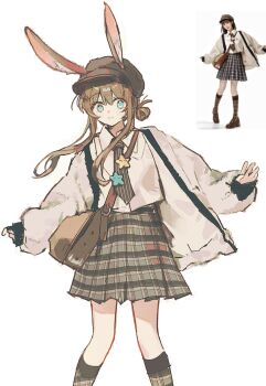 Rule 34 | 2girls, amiya (arknights), animal ear fluff, animal ears, arknights, bag, black hat, black necktie, blue eyes, brown hair, brown skirt, closed mouth, collared shirt, dr janglong, dress shirt, ears through headwear, feet out of frame, hair bun, hat, jacket, long hair, long sleeves, multiple girls, necktie, newsboy cap, open clothes, open jacket, plaid clothes, plaid skirt, plaid socks, puffy long sleeves, puffy sleeves, rabbit ears, reference inset, shirt, shoulder bag, simple background, single side bun, skirt, sleeves past wrists, smile, socks, standing, striped clothes, vertical-striped clothes, vertical-striped necktie, very long hair, white background, white jacket, white shirt
