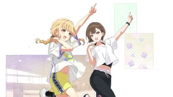 2girls blonde_hair braid brown_hair dance_trainer_(gakuen_idolmaster) fang fujita_kotone gakuen_idolmaster game_cg idolmaster multiple_girls navel official_art open_mouth pants pointing pointing_up shirt shorts skin_fang sportswear t-shirt yellow_eyes