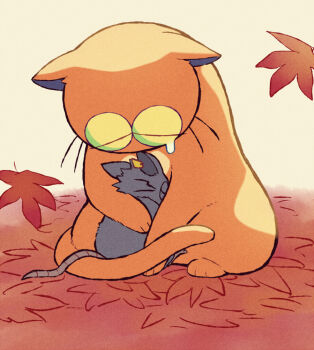 Rule 34 | 2boys, animal ears, autumn leaves, cat, closed eyes, commentary request, crying, ear tag, grey fur, heart (mad rat dead), hug, leaf, mad rat, mad rat dead, mouse boy, mouse ears, mouse tail, multiple boys, orange cat, shiwo (siwosi), tail