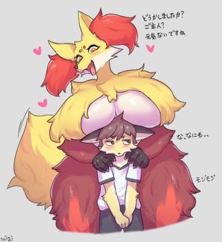 1boy 1girl absurdres age_difference blush breast_rest breasts breasts_on_head brown_hair claws cowboy_shot delphox embarrassed fangs from_behind furry gen_6_pokemon hands_on_shoulders happy heart hetero highres huge_breasts japanese_text looking_at_another looking_down mature_female nintendo open_mouth orange_eyes pokemon pokemon_(creature) shiny_skin shirt short_hair shorts shota size_difference smile standing suigi thick_eyebrows thick_thighs thighs translation_request underboob white_shirt wide_hips you_gonna_get_raped