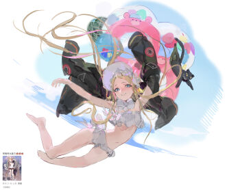 Rule 34 | 1girl, absurdres, alternate costume, aqua eyes, arknights, bare legs, bare shoulders, barefoot, bikini, black jacket, blonde hair, bright pupils, cat, chinese commentary, commentary request, frilled bikini, frills, full body, highres, jacket, long hair, looking at viewer, navel, nightingale (arknights), open mouth, qingfeng canying, request inset, ribbon, screenshot inset, simple background, smile, solo, stomach, swimsuit, unworn jacket, white background, white bikini, white pupils, white ribbon