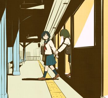 2girls absurdres avogado6 bag bandaid bandaid_on_face bandaid_on_forehead bandaid_on_leg bandaid_on_nose black_hair blue_skirt blue_socks brown_shoes from_side highres holding_another's_wrist loafers long_sleeves multiple_girls neckerchief original red_neckerchief school_bag school_uniform serafuku shirt shoes skirt socks tactile_paving train train_station_platform twintails walking white_shirt