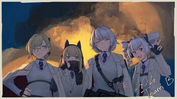 Rule 34 | 4girls, animal ear headphones, animal ears, black gloves, blonde hair, bow, cat ear headphones, cat ears, closed mouth, collared shirt, commentary, drill hair, english commentary, fake animal ears, girls' frontline, girls' frontline 2: exilium, glasses, gloves, green eyes, grey hair, gun, hair ornament, harpsy (girls' frontline 2), headphones, highres, jacket, long hair, long sleeves, looking at viewer, looking down, multiple girls, necktie, official alternate costume, omiglop, open clothes, open mouth, pp-90 (girls' frontline), purple necktie, ruchey (girls' frontline 2), shirt, short hair, tmp (girls' frontline), twitter username, upper body, v, vector (girls' frontline), vector (girls' frontline 2), vector (vivi sometimes hides her molotovs) (girls' frontline 2), weapon, welrod (girls' frontline 2), welrod mkii (girls' frontline), white shirt