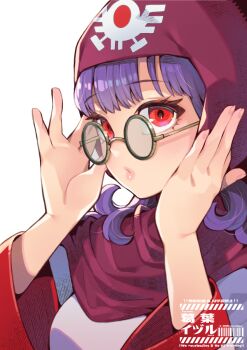 1girl adjusting_eyewear closed_mouth commentary_request curly_hair dragon_quest dragon_quest_ii glasses kuzuno_ha lips long_hair pink_lips princess_of_moonbrook purple_hair purple_hood red_eyes robe round_eyewear solo upper_body white_background white_robe wide_sleeves