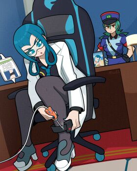 Rule 34 | 2girls, absurdres, adversarial noise, ankle monitor, bikini, blue-tinted eyewear, blue bikini, blue eyes, blue hair, blue hat, blue nails, blue necktie, brazilian flag, breasts, brown eyes, chair, coat, commentary, desk, desk lamp, dress, english commentary, gaming chair, gen 4 pokemon, glasses, gloves, green hair, hair rings, hands on own hips, hat, highres, holding, jenny (pokemon), lab coat, lamp, long hair, long sleeves, mable (pokemon), makeup, miniskirt, muds, multiple girls, necktie, nintendo, open clothes, open coat, pantyhose, picture frame, pokemon, pokemon (anime), pokemon (classic anime), pokemon legends: z-a, police, police hat, police uniform, policewoman, red lips, rotom, rotom phone, safety glasses, shirt, short sleeves, sitting, skirt, soldering iron, swimsuit, swivel chair, tinted eyewear, white coat, white gloves, wikihow