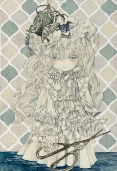 1girl acrylic_paint_(medium) asymmetrical_bangs blue_eyes blush bow bug butterfly closed_mouth commentary_request cotton_(plant) cowboy_shot dress expressionless flower frilled_dress frilled_hat frills hair_flower hair_ornament hat highres insect karintoun long_sleeves looking_at_viewer mob_cap neck_ribbon original painting_(medium) pale_skin patterned_background pleated_skirt ribbon scissors signature skirt solo standing straight-on traditional_media wading water watercolor_(medium) wavy_hair