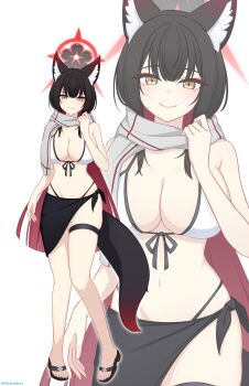 1girl absurdres animal_ears bikini black_hair black_halo black_skirt blue_archive blush bow breasts commentary_request eyeshadow fox_ears fox_girl fox_tail front-tie_bikini_top front-tie_top gradient_tail hair_between_eyes halo hand_up highleg highleg_bikini highres hip_focus large_breasts makeup multicolored_hair multicolored_halo navel red_eyeshadow red_hair red_halo scarf siranui_desu skindentation skirt smile solo stomach swimsuit tail tail_bow tail_ornament thigh_strap thighs two-tone_hair two-tone_halo wakamo_(blue_archive) white_bikini yellow_eyes