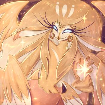 1girl absurdly_long_hair beak bird_girl blonde_hair blue_eyes commentary dress english_commentary feathers furry furry_female hazbin_hotel hellaverse highres long_eyelashes long_hair solo speaker_of_god_(hazbin_hotel) valahelart very_long_hair yellow_dress yellow_feathers