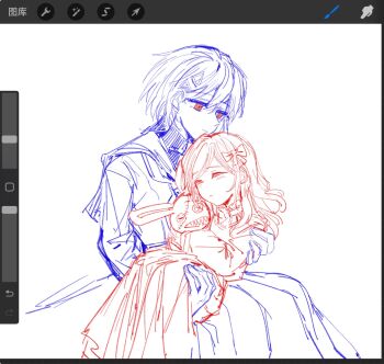 2girls age_difference aged_down art_program_in_frame bow carrying ceras_yanagida_lilienfeld chinese_commentary closed_eyes commentary_request dress hair_bow hasu_no_sora_school_uniform highres jellyfish_cut katsuragi_izumi link!_like!_love_live! long_dress long_hair long_sleeves love_live! multiple_girls multiple_monochrome neckerchief orange_eyes pleated_dress princess_carry procreate_(medium) sailor_collar school_uniform sitting spot_color stuffed_animal stuffed_rabbit stuffed_toy virtual_youtuber winter_uniform yrxy_settingsun