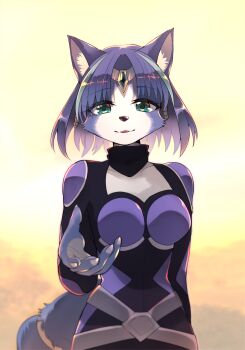:3 animal_ears animal_nose aqua_hair belt blue_bodysuit blue_fur blue_hair blurry body_fur bodysuit breasts circlet collarbone crystal depth_of_field fingernails fox_ears fox_girl fox_tail furry furry_female gradient_background green_eyes hair_tubes hand_up happy highres krystal looking_at_viewer medium_breasts multicolored_hair namagaki_yukina nintendo open_mouth outdoors reaching reaching_towards_viewer smile solo standing star_fox star_fox_assault streaked_hair sunset tail two-tone_fur two-tone_hair upper_body white_fur yellow_background