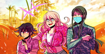 +++ 1girl 2boys air_bubble alternate_costume alternate_universe annoyed antenna_hair aqua_shirt backlighting blonde_hair blue_eyes blue_mask blue_sky breast_pocket breasts bubble candy casual chocolate chocolate_bar cloud collarbone collared_shirt commentary covered_mouth cropped_shirt crossed_arms danganronpa_(series) danganronpa_v3:_killing_harmony denim denim_shorts english_commentary fingernails floral_print food food_bite front-tie_top frown furrowed_brow gradient_sky green_hair grey_shorts hair_between_eyes hand_on_another's_back hand_on_another's_shoulder happy hawaiian_shirt height_difference holding holding_food hotel iruma_miu large_breasts long_hair long_hair_between_eyes long_sidelocks long_sleeves looking_ahead looking_at_another looking_to_the_side low_ponytail mask midriff ministarfruit mouth_mask multiple_boys nostrils ocean oma_kokichi open_mouth outdoors palm_tree parted_lips pink_shirt pocket pointy_nose ponytail print_shirt purple_eyes purple_hair purple_scrunchie purple_shirt scrunchie shinguji_korekiyo shirt short_hair short_sleeves shorts sidelocks sky smile sports_bra sun sunset sweatdrop teeth tree upper_body upper_teeth_only v-shaped_eyebrows very_long_hair wavy_hair white_sports_bra wrist_scrunchie yellow_eyes yellow_sky