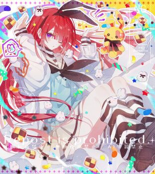 1girl aqua_dress black_hairband black_neckerchief blunt_bangs coat commentary_request cookie dress food hairband highres long_hair looking_at_viewer neckerchief one_eye_closed original parted_lips purple_eyes rabbit_pose red_hair sailor_collar skirt socks sparkle straight_hair striped_clothes striped_socks stuffed_animal stuffed_rabbit stuffed_toy swept_bangs thighs white_coat white_skirt yakinikusakoku