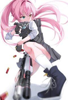 1girl absurdres ahoge ammunition ammunition_pouch beretta_1301 beretta_92 black_gloves black_skirt blue_archive blue_eyes blue_necktie blurry bulletproof_vest clenched_teeth commentary_request depth_of_field eyelashes fighting_stance fingerless_gloves floating_hair full_body gloves gun hair_between_eyes hair_intakes handgun heterochromia high_ponytail highres holding holding_gun holding_weapon hoshino_(armed)_(blue_archive) hoshino_(blue_archive) kneehighs kneeling long_hair long_sleeves looking_at_viewer miniskirt necktie official_alternate_costume official_alternate_hairstyle pink_hair pleated_skirt ponytail pouch school_uniform serious shell_casing shirt shoes short_sleeves shotgun shotgun_shell simple_background skirt smoke socks solo tactical_school_uniform teeth v-shaped_eyebrows very_long_hair vest weapon wfa5051 white_background white_shirt white_socks yellow_eyes
