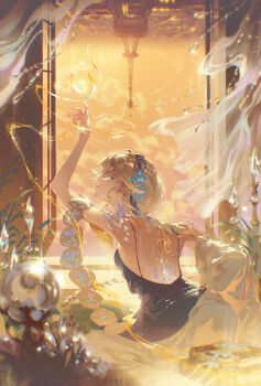 1girl arm_up back backless_dress backless_outfit bare_shoulders beryl_bouanich blonde_hair blue_dress blue_eyes commentary crystallization curtains dress eiffel_tower english_commentary evening_gown fajyobore from_side hair_ornament highres leaning_forward long_hair parted_lips profile reverse:1999 see-through_curtains sky sleeveless sleeveless_dress solo spaghetti_strap upper_body window yellow_sky