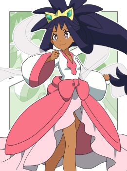 Rule 34 | 1girl, bow, breasts, brown eyes, cape, closed mouth, commentary request, dark-skinned female, dark skin, dress, highres, iris (pokemon), kanbei (pixiv11037490), long hair, long sleeves, nintendo, pink cape, pokemon, pokemon bw2, purple hair, small breasts, smile, tiara, two side up, very long hair, waist bow, waist cape, white dress