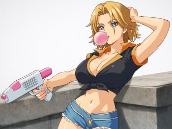Rule 34 | 1girl, b eaka, bleach, blonde hair, blue eyes, breasts, chewing gum, cleavage, collarbone, large breasts, matsumoto rangiku, medium hair, midriff, navel, official alternate costume, solo, water gun