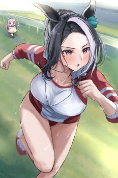 >_< 2girls animal_ears big_belly black_hair bloated blue_bow blush blush_stickers bow breasts buruma chibi clenched_hands commentary_request ear_bow ear_ornament full_stomach glutton grass highres horse_ears horse_girl horse_tail jacket long_sleeves medium_breasts medium_hair mejiro_mcqueen_(umamusume) mejiro_ramonu_(umamusume) mole mole_under_eye multicolored_hair multiple_girls open_mouth outdoors purple_eyes purple_hair red_buruma red_jacket red_shorts running sg_(esujii) shorts streaked_hair summer_uniform sweat tail tracen_training_uniform track_jacket umamusume weight_gain white_hair x_navel