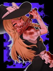Rule 34 | 1girl, akaakaakaakashio, apron, black hat, black skirt, black vest, blonde hair, blood, blood on face, blood on hands, blood splatter, bloody knife, bow, braid, chinese commentary, closed eyes, closed mouth, commentary request, cookie (touhou), cowboy shot, dutch angle, frilled apron, frills, hair bow, hat, hat bow, highres, holding, holding knife, kirisame marisa, kitchen knife, knife, licking, licking blade, licking weapon, long hair, medium bangs, puffy short sleeves, puffy sleeves, purple background, red bow, shirt, short sleeves, side braid, single braid, skirt, skirt set, smile, solo, star (symbol), suzu (cookie), tongue, tongue out, touhou, vest, waist apron, weapon, white apron, white bow, white shirt, witch hat
