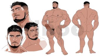 1boy abs absol_(dkqthf) ass back bara beard biceps black_hair broad_shoulders brown_eyes commentary_request completely_nude erection facial_hair groin huge_pectorals large_penis large_testicles leg_hair male_focus multiple_views muscular muscular_male mustache_stubble navel nipples nose nude penis pubic_hair real_life reference_sheet sasuke_daru simple_background smirk stubble testicles thick_arms thick_thighs thighs veins veiny_arms veiny_penis watermark white_background