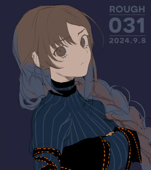 1girl arm_strap black_dress blue_dress braid braided_ponytail breasts brown_eyes brown_hair center_opening dress fate/grand_order fate_(series) layered_dress long_hair long_sleeves medium_breasts ribbed_dress ribbon-trimmed_dress ribbon_trim single_braid sketch solo suzuhi_(fullprayer) very_long_hair yu_mei-ren_(fate) yu_mei-ren_(first_ascension)_(fate)