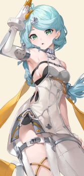 1girl absurdres armpits bare_shoulders blue_eyes blue_hair breasts clothing_cutout elbow_gloves formal_clothes gloves hair_ornament hairpin hand_to_head highres long_hair looking_at_viewer neulrain open_mouth salute see-through_dress_layer seed_(zenless_zone_zero) side_cutout sideboob solo suit thigh_cutout thighs white_gloves white_suit zenless_zone_zero