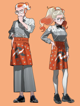 Rule 34 | 1boy, 1girl, 987645321o, apron, black bow, black bowtie, black shoes, blue eyes, bow, bowtie, bright pupils, closed mouth, eyelashes, glasses, grey pants, griselle (pokemon), grisham (pokemon), hand on own hip, hand up, hashtag-only commentary, highres, jewelry, multicolored hair, nintendo, one eye closed, orange background, orange pants, pants, pokemon, pokemon legends: z-a, ponytail, print apron, ring, shoes, simple background, two-tone hair, waist apron, white-framed eyewear