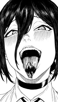 1girl blood blood_on_tongue blush chainsaw_man choker collared_shirt hair_between_eyes highres looking_at_viewer monochrome open_mouth portrait reze_(chainsaw_man) severed_tongue shirt short_hair simple_background solo teeth tongue tongue_out websake white_background
