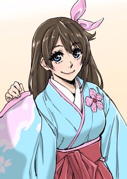 1girl amamiya_sakura blue_eyes breasts brown_hair commentary_request gradient_background hakama highres japanese_clothes kudou_masashi medium_breasts photo-referenced red_hakama sakura_taisen shin_sakura_taisen smile solo upper_body wide_sleeves