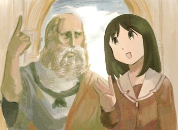 Rule 34 | 1boy, 1girl, azumanga daiou, black eyes, black hair, commentary, dot nose, english commentary, eye contact, hand up, highres, kasuga ayumu, looking at another, open mouth, plato, potsato, red shirt, sailor collar, school uniform, shirt, smile, the school of athens, white sailor collar