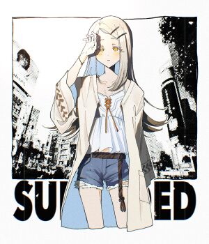 1girl blonde_hair blue_shorts camisole colored_eyelashes cowboy_shot cropped_legs denim denim_shorts flipped_hair gakuen_idolmaster hair_ornament hairclip half-closed_eye hand_up highres idolmaster long_hair long_sleeves looking_at_viewer messiah_go orange_eyes parallel_hairclips rope_belt shinosawa_hiro short_shorts shorts solo song_name standing sunfaded_(idolmaster) white_camisole