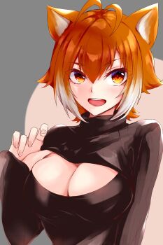 1girl animal_ears blazblue breasts brown_eyes brown_hair chukachuka cleavage cutout highres large_breasts long_sleeves makoto_nanaya short_hair squirrel_ears sweater white_hair