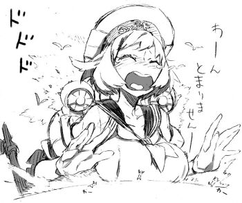 1girl beach bird breasts character_name giant giantess gloves greyscale hat hovercraft jpeg_artifacts large_breasts mecha_musume military miwa_shirow monochrome ocean open_mouth original personification russian_text sailor sailor_hat ship short_hair sketch solo_focus uniform watercraft zubr-class_lcac