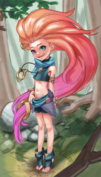1girl absurdres bare_shoulders boots bracelet crop_top full_body green_eyes green_shirt green_skirt heterochromia highres jewelry league_of_legends loli long_hair looking_at_viewer multicolored_hair navel necklace open-toe_boots orange_hair pink_eyes pink_hair rusher08 shirt skirt smile solo stomach zoe_(league_of_legends)