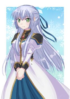 Rule 34 | 1girl, alternate hairstyle, angel wing uniform, blue dress, blue ribbon, cowboy shot, dress, galaxy angel, green eyes, hair ribbon, highres, karasuma chitose, kitaru, long hair, monocle, monocle chain, ribbon, snowflakes, solo, white hair