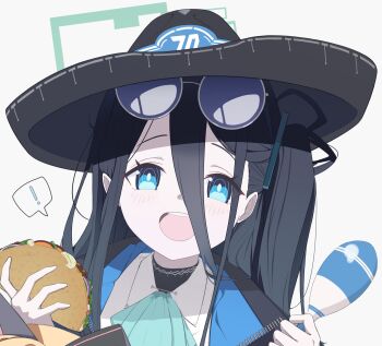 ! 1girl :d absurdres aqua_halo aris_(blue_archive) ascot black_hair black_hat blue_archive blue_ascot blush bright_pupils collared_shirt commentary food hair_between_eyes halo happy hat headphones highres holding holding_food holding_instrument holding_maracas instrument jacket long_hair looking_at_viewer maracas millennium_science_school_logo open_clothes open_jacket open_mouth portrait rebornrabbit rectangular_halo ringed_eyes school_uniform shirt simple_background smile solo sombrero speech_bubble spoken_exclamation_mark taco teeth upper_teeth_only white_background white_jacket white_pupils white_shirt