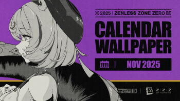 1girl artist_request bare_shoulders beret commentary curly_hair english_commentary english_text from_side greyscale hat highres mole mole_under_mouth monochrome monster_girl nail_polish official_art purple_background scylla short_hair solo tentacle_girl tentacles upper_body yidhari_murphy zenless_zone_zero