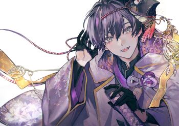 Rule 34 | 1boy, absurdres, arm up, black gloves, gloves, hair between eyes, half gloves, hand on hilt, hashtag-only commentary, highres, hood, hood down, japanese clothes, katana, kenmochi touya, kenmochi touya (10th costume), kimono, looking at viewer, male focus, mask, mask on head, nijisanji, omamori, short hair, simple background, solo, sword, tassel, tsuta1218, upper body, virtual youtuber, weapon, white background