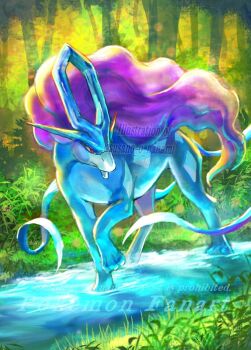 animal_focus closed_mouth forest gen_2_pokemon grass legendary_pokemon mane nanami_lusia nature nintendo no_humans outdoors pokemon pokemon_(creature) pokemon_focus purple_hair red_eyes solo stream suicune tree water