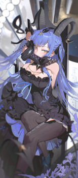 1girl absurdres arknights armpits bang_dream! bang_dream!_it's_mygo!!!!! bare_shoulders berserker_r black_dress black_gloves black_horns black_thighhighs blue_gem blue_hair blurry blush boots breasts cleavage closed_mouth commentary_request criss-cross_strings crossed_arms curled_horns demon_horns depth_of_field detached_sleeves dress flower frilled_dress frills gem glint gloves hair_spread_out head_on_arm headpiece high_heel_boots high_heels highres horn_ornament horn_ring horns instrument jewelry large_breasts light_particles long_hair looking_at_viewer lying mask masquerade_mask musical_note necklace on_piano on_side phonograph piano piano_keys sheet_music sidelocks solo tail thighhighs thighs togawa_sakiko togawa_sakiko_(master_of_melodia) two_side_up unworn_mask very_long_hair yellow_eyes