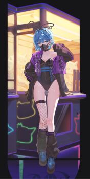 1girl absurdres alternate_costume animal_ear_hairband animal_ears black_collar black_jacket black_leg_warmers black_leotard blue_eyes blue_hair blue_shoes blurry blurry_background breasts collar commentary_request covered_navel crane_game double-parted_bangs earrings fake_animal_ears fishnet_thighhighs fishnets full_body hair_between_eyes hairband hand_in_pocket hand_up highleg highleg_leotard highres hololive hoshimachi_suisei indoors jacket jewelry leg_warmers leotard looking_at_viewer mask mouth_mask multicolored_jacket platform_shoes playboy_bunny purple_jacket rabbit_ear_hairband rabbit_ears sanada_keisui shoes short_hair single_off_shoulder single_thighhigh solo standing star_(symbol) star_earrings star_in_eye strapless strapless_leotard symbol_in_eye thighhighs two-tone_jacket virtual_youtuber