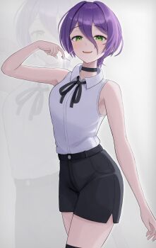 1girl absurdres black_ribbon black_shorts chainsaw_man collared_shirt giro_gg green_eyes grenade_pin hair_between_eyes highres looking_at_viewer neck_ribbon purple_hair reze_(chainsaw_man) ribbon shirt shirt_tucked_in short_shorts shorts sleeveless sleeveless_shirt solo white_shirt zoom_layer