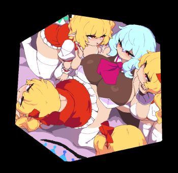 5girls all_fours alternate_costume animated animated_gif ascot back_bow blonde_hair blue_hair blush bouncing_breasts bow breasts clenched_teeth closed_eyes clothed_sex commentary_request fingernails flandre_scarlet four_of_a_kind_(touhou) frilled_skirt frills from_above futa_with_female futanari grabbing_another's_breast groping hair_ribbon huge_breasts incest kiss looking_at_another multiple_girls namako_daibakuhatsu parted_lips pointy_ears purple_ascot red_eyes red_nails red_ribbon red_skirt red_vest remilia_scarlet ribbon rolling_eyes short_hair siblings sisters skirt teeth thighhighs touhou touhou_futanari_scarlet_escape vest white_bow white_thighhighs