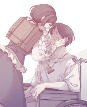 030ravie 1boy 1girl backpack bag blue_hair closed_eyes commentary_request facing_another frilled_shirt frilled_sleeves frills fukurai_azami hair_between_eyes hands_on_another&#039;s_cheeks hands_on_another&#039;s_face long_sleeves looking_at_another meguriya_ayumu open_mouth shirt short_hair simple_background sitting smile standing toshi_densetsu_kaitai_center triangle_necklace wheelchair white_background