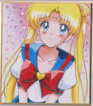Rule 34 | 1girl, bishoujo senshi sailor moon, bishoujo senshi sailor moon stars, blonde hair, blue bow, blue bowtie, blue eyes, blush, bow, bowtie, brooch, chikoto (kztc4472), closed mouth, collarbone, commentary, crescent, crescent facial mark, double bun, facial mark, hair bun, hand up, heart, heart brooch, highres, jewelry, juuban high school uniform, long hair, long sleeves, looking at viewer, parted bangs, school uniform, serafuku, shirt, smile, solo, traditional media, tsukino usagi, twintails, upper body, white shirt