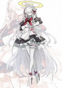 1girl absurdres apron black_dress blue_archive bow bowtie colored_skin dress full_body hair_over_one_eye halo heart heart_hands high_heels highres juliet_sleeves konattang long_hair long_sleeves looking_at_viewer maid maid_apron maid_headdress malkuth_(blue_archive) orange_eyes puffy_sleeves red_bow red_bowtie shoes solo very_long_hair white_apron white_hair white_headdress white_shoes white_skin yellow_halo