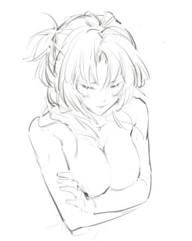 1girl closed_eyes closed_mouth commentary_request completely_nude greyscale honkai_(series) honkai_impact_3rd humidifier_xd monochrome murata_himeko nude simple_background solo upper_body white_background