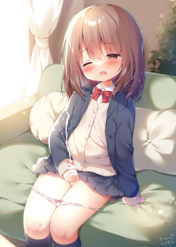 Rule 34 | 1boy, anonymous crossdresser, arm support, bar censor, blazer, blue jacket, blue socks, blush, bow, bowtie, brown cardigan, brown eyes, brown hair, cardigan, censored, collared shirt, commentary, commission, crossdressing, crossdressing (mtf), cum, ejaculation, erection, highres, indoors, jacket, male focus, male masturbation, masturbation, medium hair, momozu komamochi, one eye closed, open clothes, open jacket, original, panties, panty pull, penis, projectile cum, red bow, red bowtie, school uniform, shirt, sitting, skeb commission, skirt, socks, solo, testicles, trap, underwear, white panties, white shirt