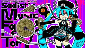 1girl artist_name belt blue_belt blue_hair cd chain cosmo_(bousoup) crazy cuffs drill gears handcuffs hatsune_miku hatsune_miku_(factory_tyrant) highres key loading_screen long_hair mismatched_eyes project_diva_(series) project_diva_f purple_background red_eyes saw_blade see-through_body signature song_name twintails very_long_hair vinyl_record vocaloid